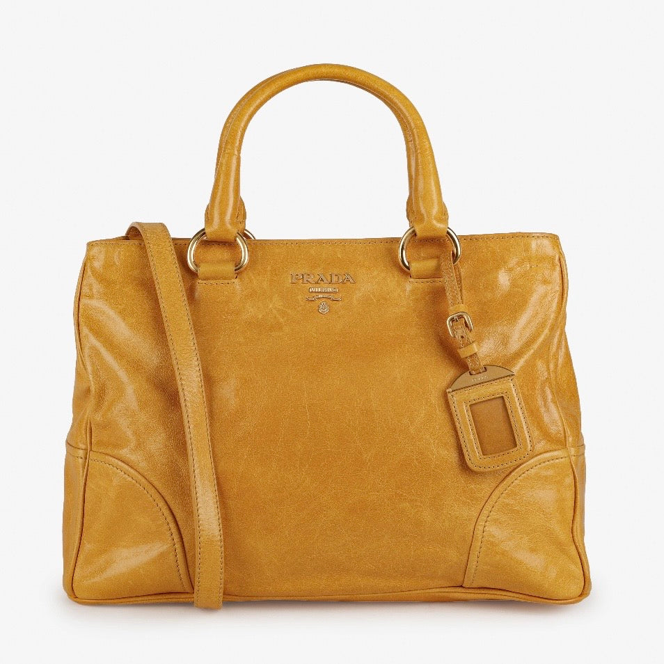 Prada Large Vitello Shine 2 Way Tote, Mustard Yellow Aged Calfskin