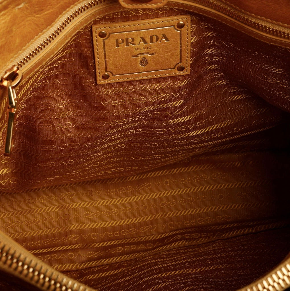Prada Large Vitello Shine 2 Way Tote, Mustard Yellow Aged Calfskin