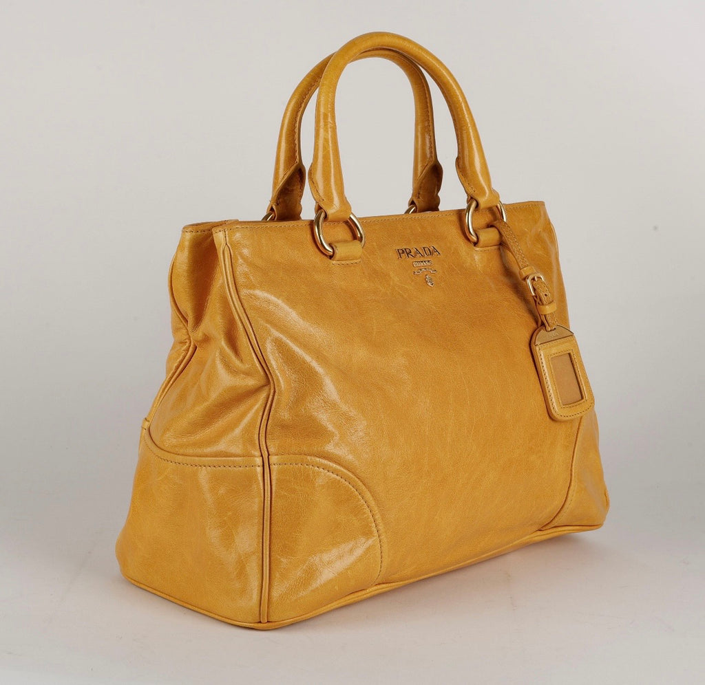 Prada Large Vitello Shine 2 Way Tote, Mustard Yellow Aged Calfskin