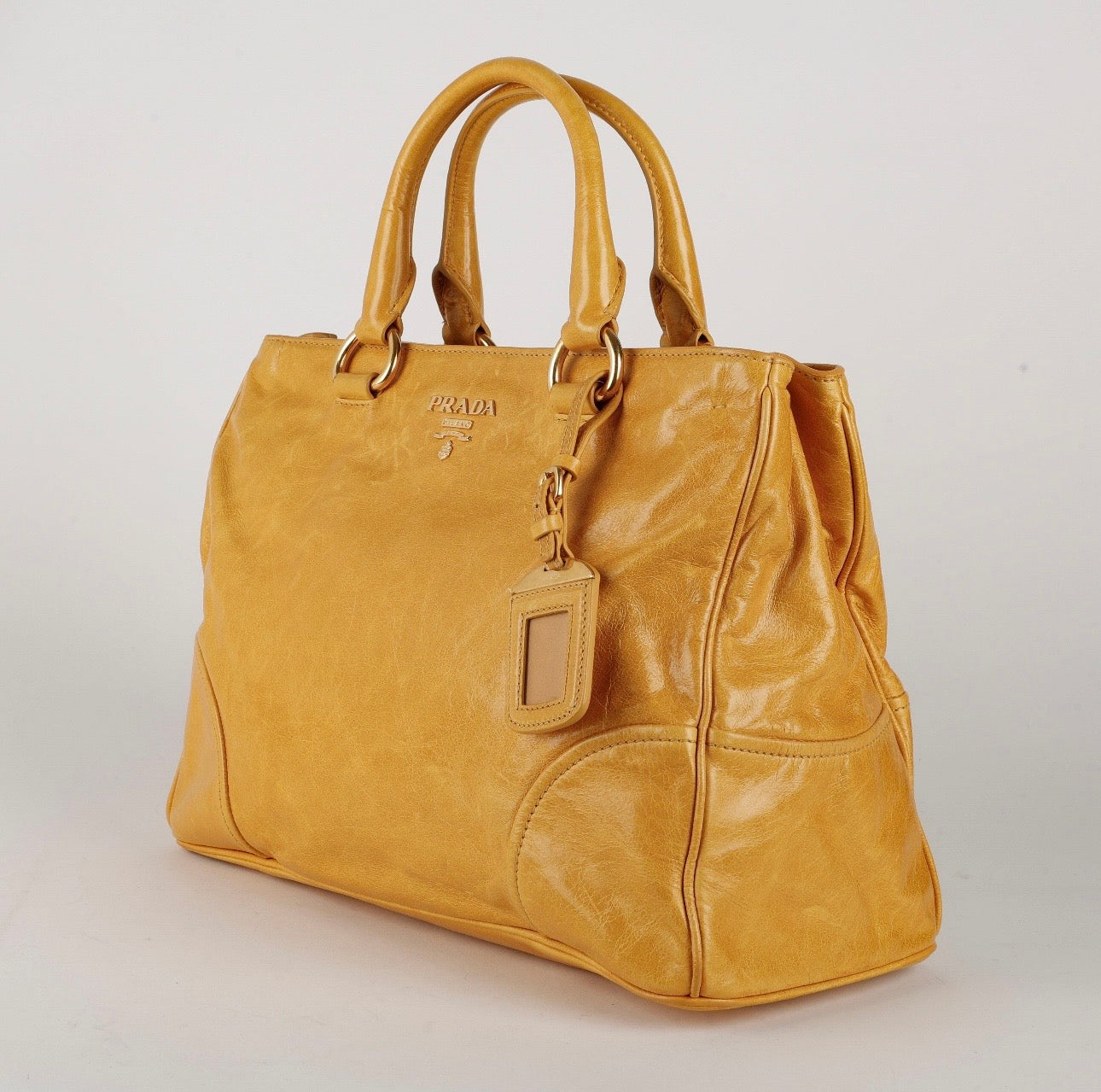 Prada Large Vitello Shine 2 Way Tote, Mustard Yellow Aged Calfskin